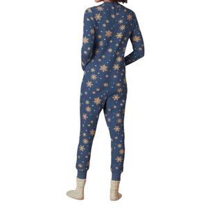 Sundance Blue Snowflake Print One-Piece Pajama Suit waffle knit Ribbed Size L